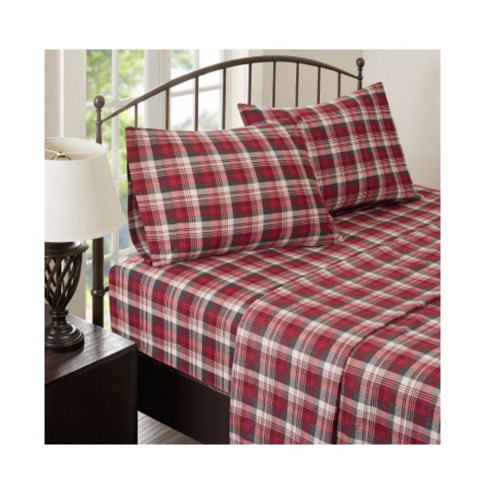 Cotton Flannel 4-Piece Red Plaid King Sheet Set